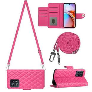 For Motorola Edge+ 2023 Rhombic Texture Flip Leather Phone Case with Long Lanyard(Rose Red)