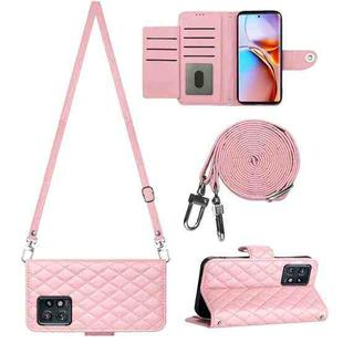 For Motorola Edge+ 2023 Rhombic Texture Flip Leather Phone Case with Long Lanyard(Pink)