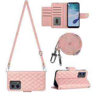 For Motorola Moto G 5G 2023 Rhombic Texture Flip Leather Phone Case with Long Lanyard(Coral Pink)