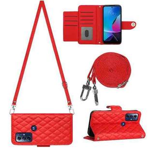 For Motorola Moto G Play 2023 / G Pure Rhombic Texture Flip Leather Phone Case with Long Lanyard(Red)