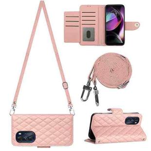 For Motorola Moto G 5G 2022 Rhombic Texture Flip Leather Phone Case with Long Lanyard(Coral Pink)