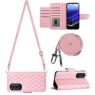 For Motorola Moto G Stylus 5G 2022 Rhombic Texture Flip Leather Phone Case with Long Lanyard(Pink)