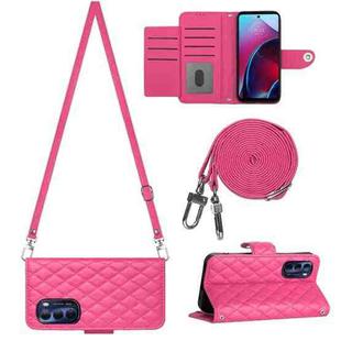 For Motorola Moto G Stylus 4G 2022 Rhombic Texture Flip Leather Phone Case with Long Lanyard(Rose Red)