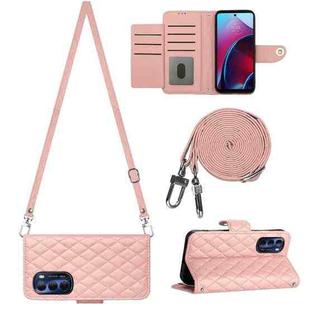 For Motorola Moto G Stylus 4G 2022 Rhombic Texture Flip Leather Phone Case with Long Lanyard(Coral Pink)