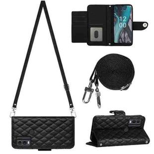 For Nokia C22 Rhombic Texture Flip Leather Phone Case with Long Lanyard(Black)