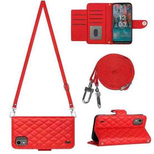 For Nokia C12 Rhombic Texture Flip Leather Phone Case with Long Lanyard(Red)