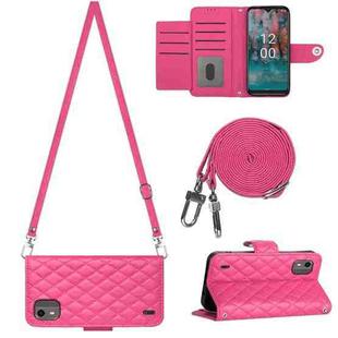 For Nokia C12 Rhombic Texture Flip Leather Phone Case with Long Lanyard(Rose Red)