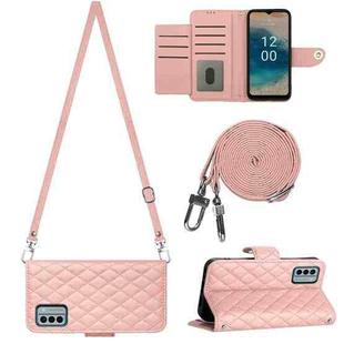 For Nokia G22 Rhombic Texture Flip Leather Phone Case with Long Lanyard(Coral Pink)