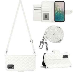 For Nokia C32 Rhombic Texture Flip Leather Phone Case with Long Lanyard(White)