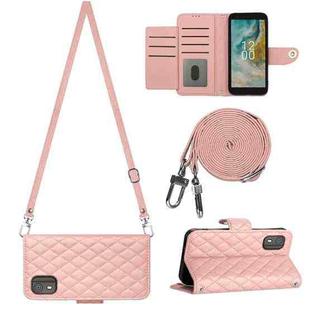 For Nokia C02 Rhombic Texture Flip Leather Phone Case with Long Lanyard(Coral Pink)