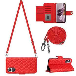 For OPPO Reno10/Reno10 Pro Global Rhombic Texture Flip Leather Phone Case with Long Lanyard(Red)