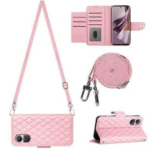 For OPPO Reno10/Reno10 Pro Global Rhombic Texture Flip Leather Phone Case with Long Lanyard(Pink)