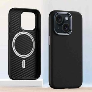 For iPhone 14 Metal Lens Frame Leather Magsafe Full Coverage Shockproof Phone Case(Black)