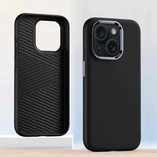 For iPhone 15 Metal Lens Frame Leather Full Coverage Shockproof Phone Case(Black)