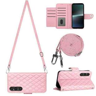 For Sony Xperia 1 V Rhombic Texture Flip Leather Phone Case with Long Lanyard(Pink)