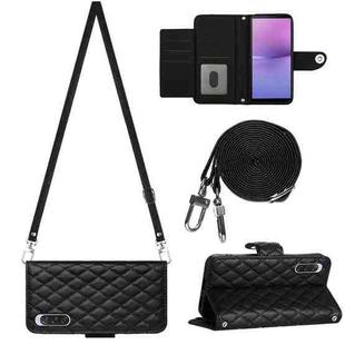 For Sony Xperia 10 V Rhombic Texture Flip Leather Phone Case with Long Lanyard(Black)