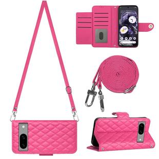 For Google Pixel 8a Rhombic Texture Flip Leather Phone Case with Long Lanyard(Rose Red)