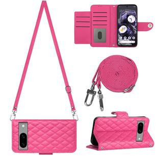 For Google Pixel 8 Rhombic Texture Flip Leather Phone Case with Long Lanyard(Rose Red)