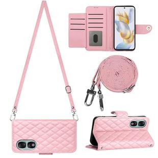 For Honor 90 Rhombic Texture Flip Leather Phone Case with Long Lanyard(Pink)