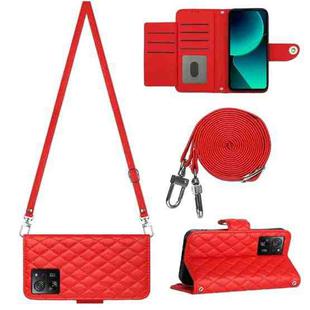 For Xiaomi 13T / 13T Pro Rhombic Texture Flip Leather Phone Case with Long Lanyard(Red)