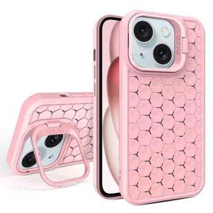 For iPhone 15 Honeycomb Radiating Lens Holder Magsafe Phone Case(Pink)