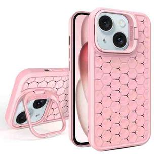 For iPhone 15 Plus Honeycomb Radiating Lens Holder Magsafe Phone Case(Pink)
