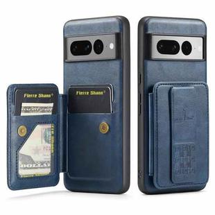 For Google Pixel 7 Pro Fierre Shann Oil Wax Cow Leather Card Holder Back Phone Case(Blue)