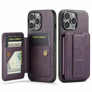 For iPhone 15 Pro Max Fierre Shann Oil Wax Cow Leather Card Holder Back Phone Case(Purple)