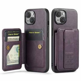 For iPhone 15 Fierre Shann Oil Wax Cow Leather Card Holder Back Phone Case(Purple)