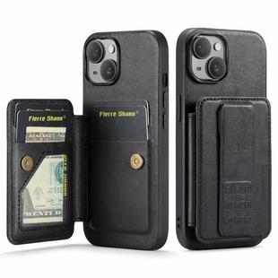 For iPhone 14 Fierre Shann Oil Wax Cow Leather Card Holder Back Phone Case(Black)