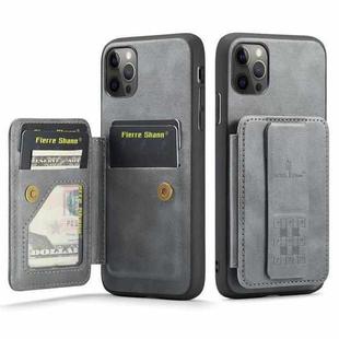 For iPhone 11 Pro Max Fierre Shann Oil Wax Cow Leather Card Holder Back Phone Case(Grey)