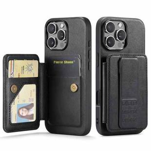 For iPhone 16 Pro Fierre Shann Oil Wax Cow Leather Card Holder Back Phone Case(Black)