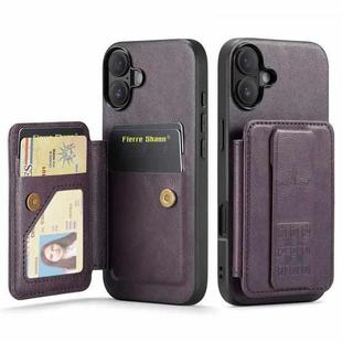 For iPhone 16 Plus Fierre Shann Oil Wax Cow Leather Card Holder Back Phone Case(Purple)