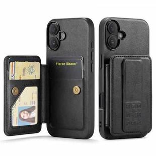 For iPhone 16 Fierre Shann Oil Wax Cow Leather Card Holder Back Phone Case(Black)