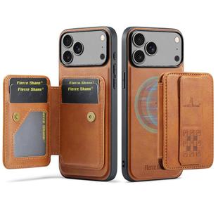 For iPhone 17 Pro Max Fierre Shann Oil Wax Cow Leather Card Holder Back Phone Case(Brown)
