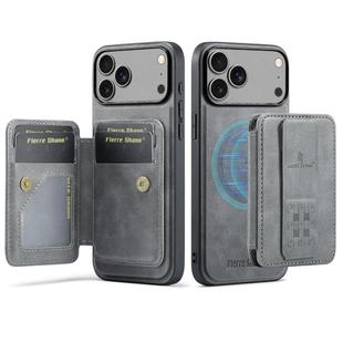 For iPhone 17 Pro Fierre Shann Oil Wax Cow Leather Card Holder Back Phone Case(Grey)
