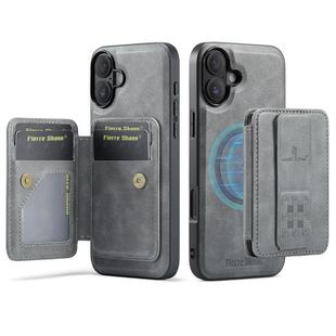 For iPhone 17 Fierre Shann Oil Wax Cow Leather Card Holder Back Phone Case(Grey)