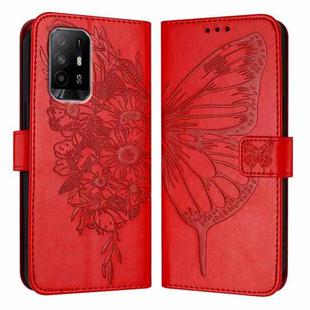 For OPPO A74 4G / F19 / F19s Embossed Butterfly Leather Phone Case(Red)