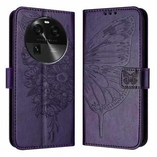 For OPPO Find X6 Pro Embossed Butterfly Leather Phone Case(Dark Purple)