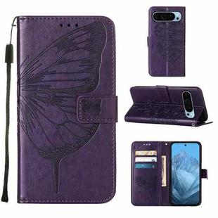 For Google Pixel 9 Embossed Butterfly Leather Phone Case(Dark Purple)