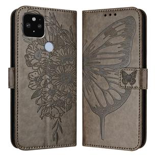 For Google Pixel 5 XL / Pixel 4a 5G Embossed Butterfly Leather Phone Case(Grey)