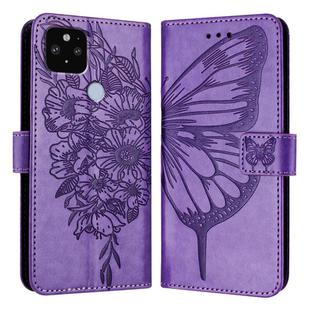 For Google Pixel 5 XL / Pixel 4a 5G Embossed Butterfly Leather Phone Case(Purple)