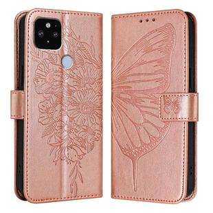 For Google Pixel 5 XL / Pixel 4a 5G Embossed Butterfly Leather Phone Case(Rose Gold)