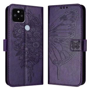 For Google Pixel 5 XL / Pixel 4a 5G Embossed Butterfly Leather Phone Case(Dark Purple)