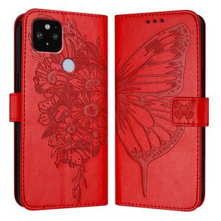 For Google Pixel 5 XL / Pixel 4a 5G Embossed Butterfly Leather Phone Case(Red)
