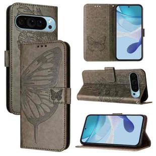 For Google Pixel 9 Pro XL Embossed Butterfly Leather Phone Case(Grey)