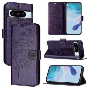 For Google Pixel 8 Pro Embossed Butterfly Leather Phone Case(Dark Purple)