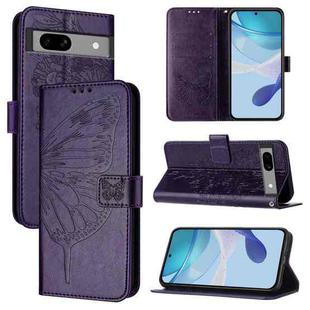 For Google Pixel 7a Embossed Butterfly Leather Phone Case(Dark Purple)