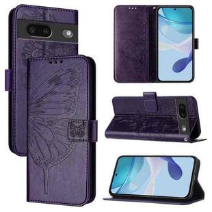 For Google Pixel 7 Embossed Butterfly Leather Phone Case(Dark Purple)