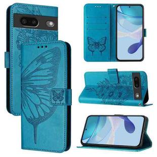 For Google Pixel 7 Embossed Butterfly Leather Phone Case(Blue)